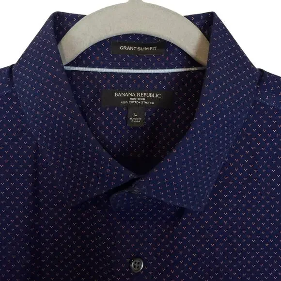 Banana Republic Shirt Men's Large Blue Cotton Polka Dot Grant Slim Fit Button-Up - Picture 5 of 11